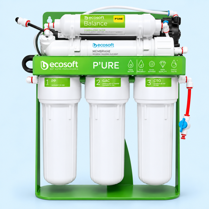 Ecosoft P’URE Balance tartályos fordított ozmózisos víztisztító nyomásfokozó szivattyúval,